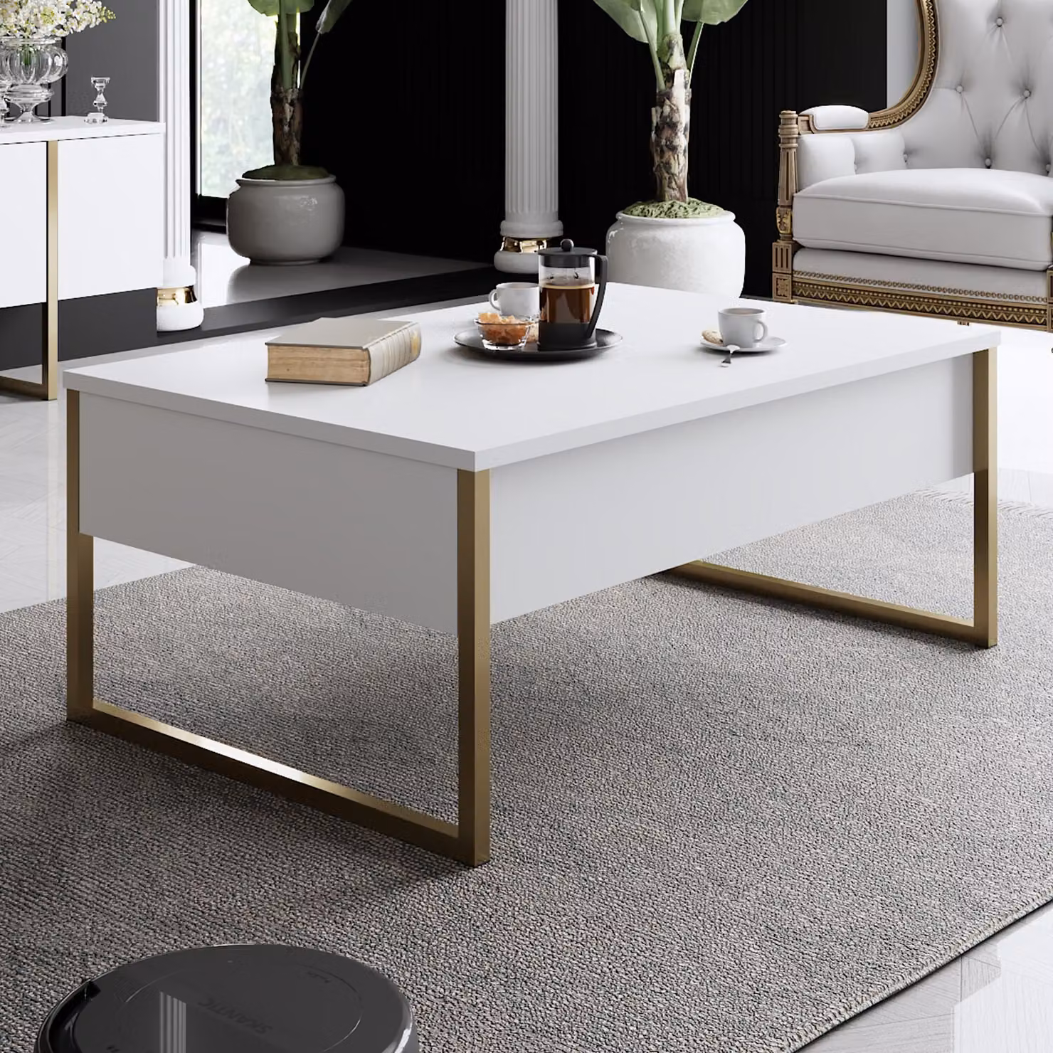 Skye Decor, Luxe - Bianco, Oro, Couchtische, Weiß, 90 x 40 x 60 cm