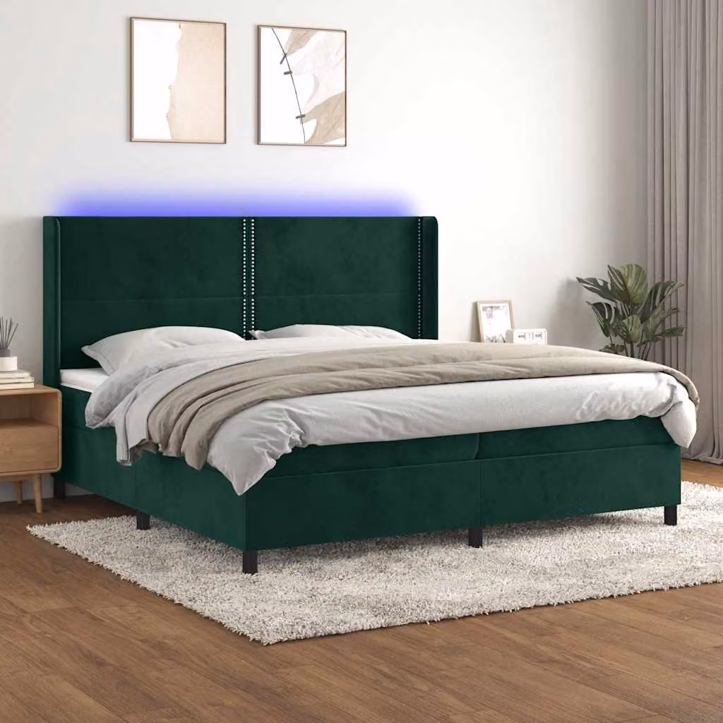 Letto Ibrido con Materasso a Molle Individuali e Illuminazione LED vidaXL, Velluto Verde Scuro, L/P/H: 200 x 200 x 128 cm