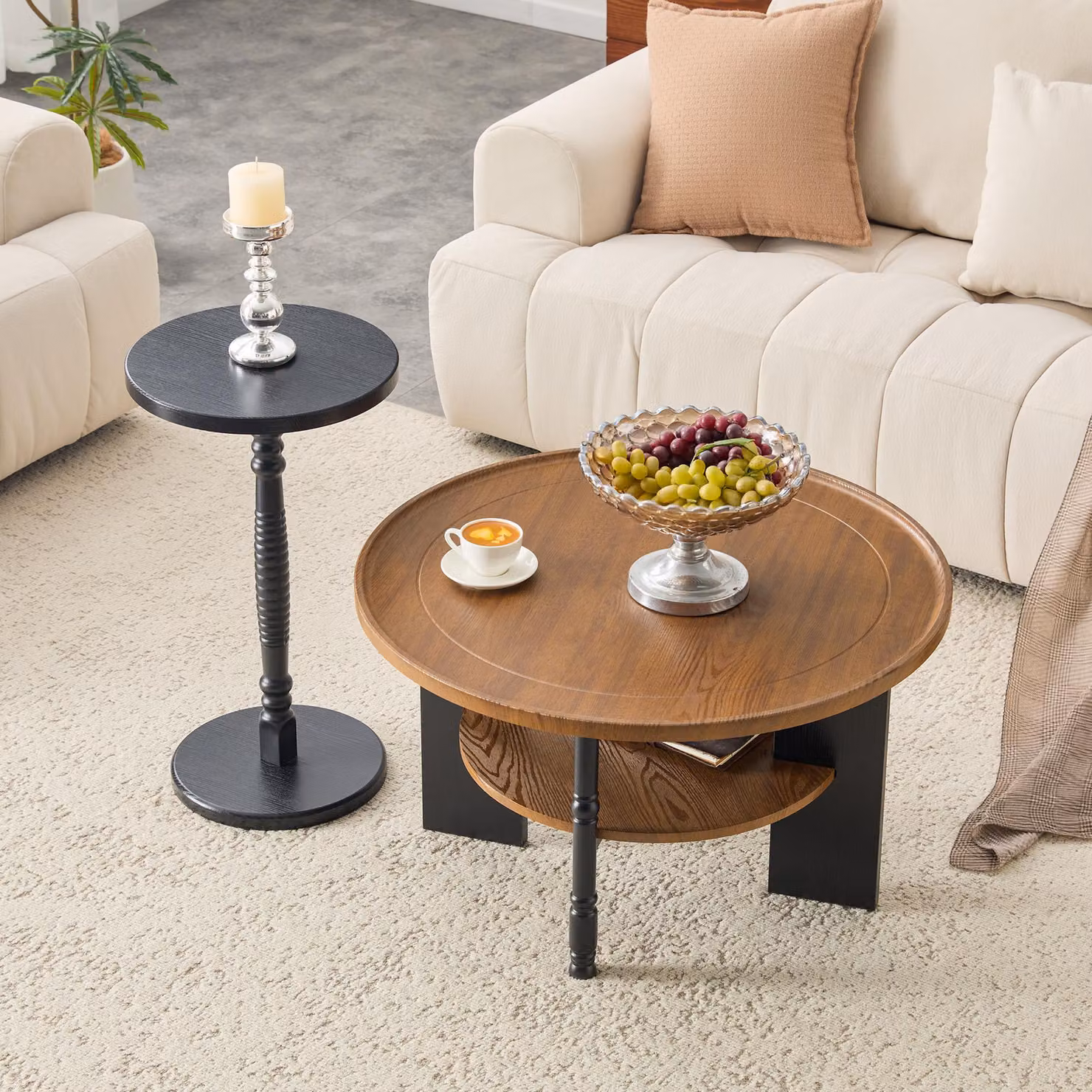 Set di tavolini da caffè, 2 pezzi, in MDF e PVC, 80 cm con spazio contenitivo + tavolino aggiuntivo da 38 cm (noce e nero)
