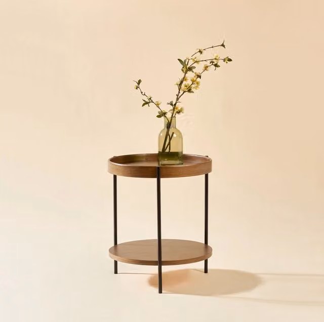 Tavolino da salotto rotondo ULEVR ?69x38 cm a 2 ripiani, legno massello e MDF con struttura in ferro nero, noce