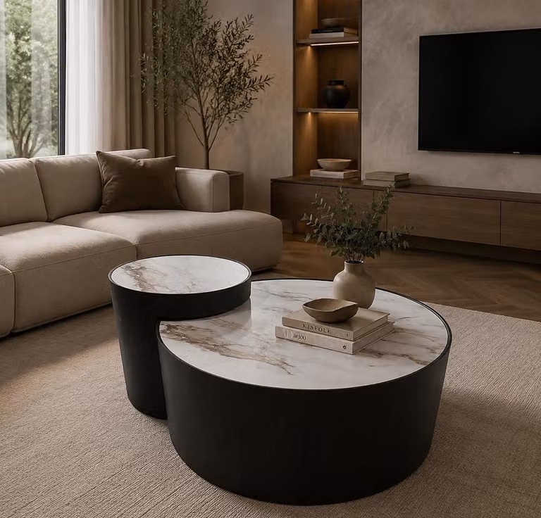 Set di tavolini da caffè design, 2 pezzi, neri, rotondi, tavolino moderno