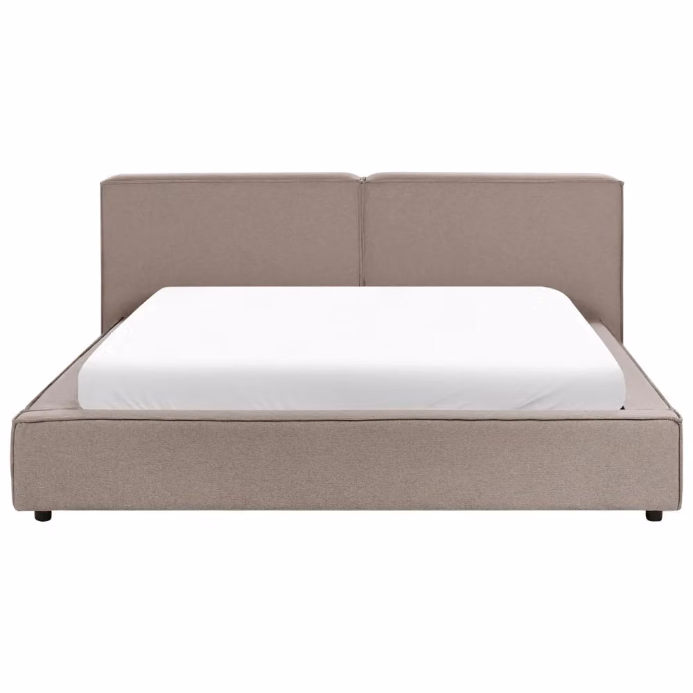 Letto matrimoniale Beliani rivestito in tessuto beige e marrone con base a doghe in legno e testiera imbottita L/P/H: 180 x 200 x 104 cm – 2