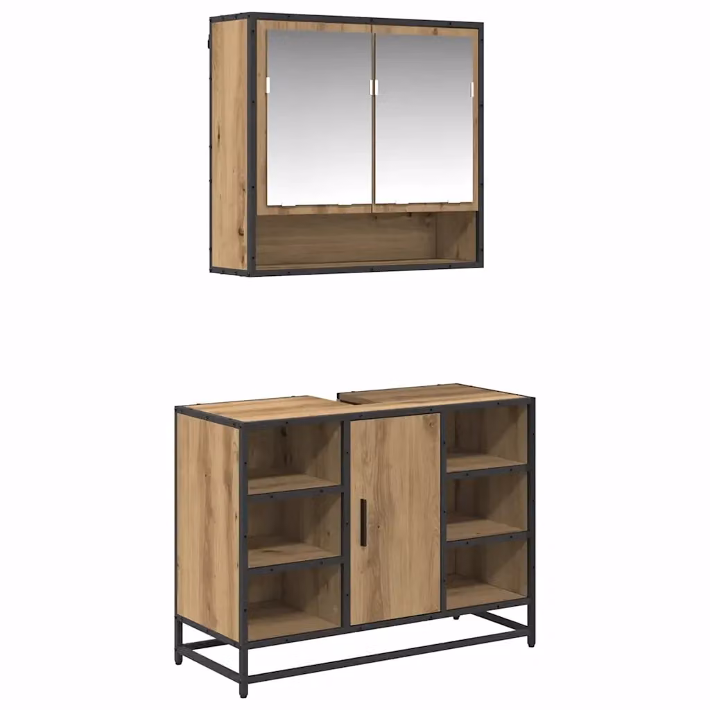 Set di mobili per il bagno vidaXL 2 pezzi in legno e metallo colore marrone rovere con mobile sottolavabo e armadietto con specchio moderno – 2