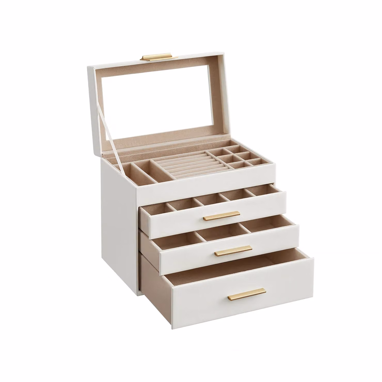 Scatola Portagioie a 4 Livelli con Copercio in Vetro 3 Cassetti | SONGMICS, Bianco Nuvola