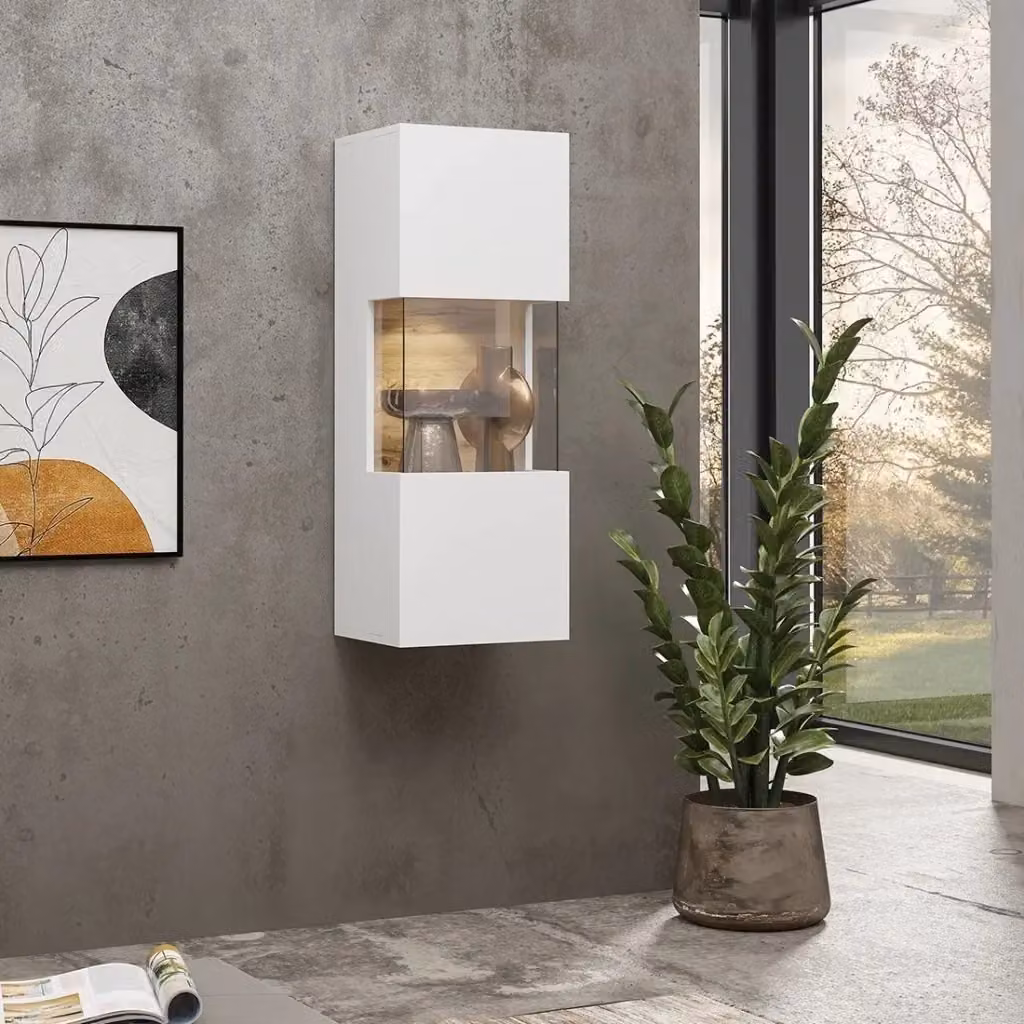 Piccola vetrina sospesa a 1 anta parzialmente vetrata collezione EVA Meublorama, colore bianco opaco e rovere – 2