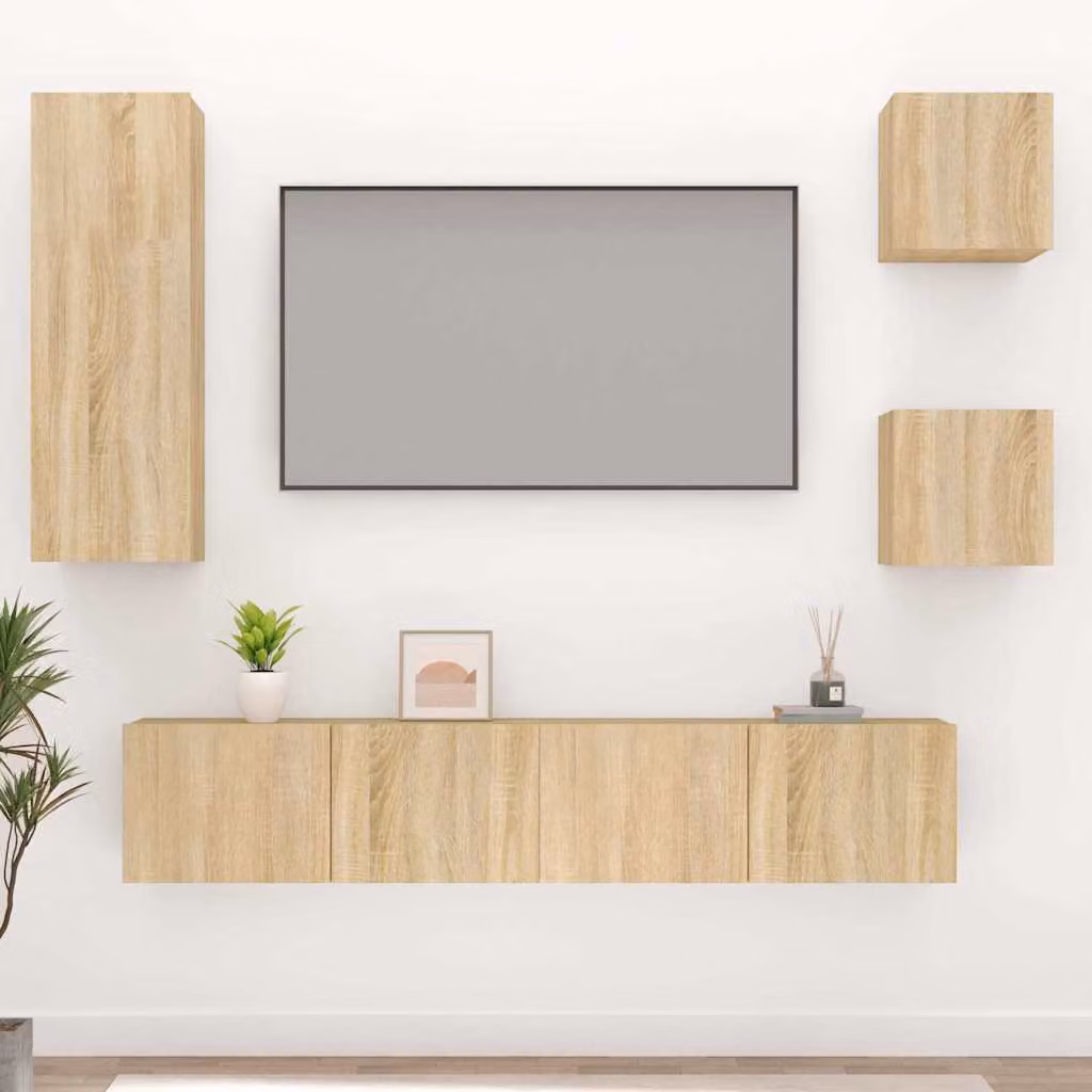 Set di mobili porta TV vidaXL 5 pezzi in legno multistrato color rovere sonoma beige e marrone con montaggio a parete