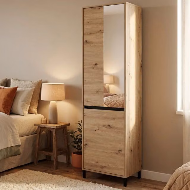 Armadio da camera DMORA moderno in legno e vetro con ante a battente e specchio, colore marrone rovere, L: 54.5 cm, H: 206 cm, P: 55 cm – 1