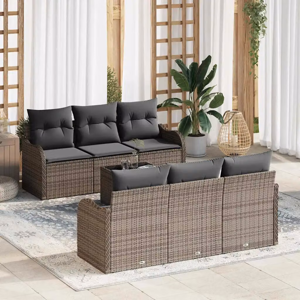 Set Divano da Giardino vidaXL 7 Pezzi in Polyrattan e Metallo Grigio con Cuscini e Tavolino – 1