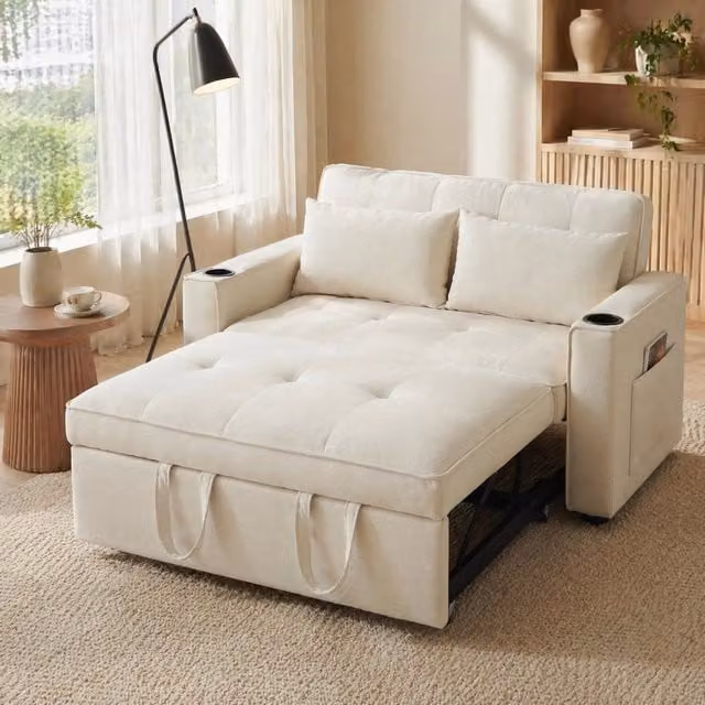 Divano letto multifunzione 2 posti in velluto beige; reclinabile 3 posizioni 137 cm