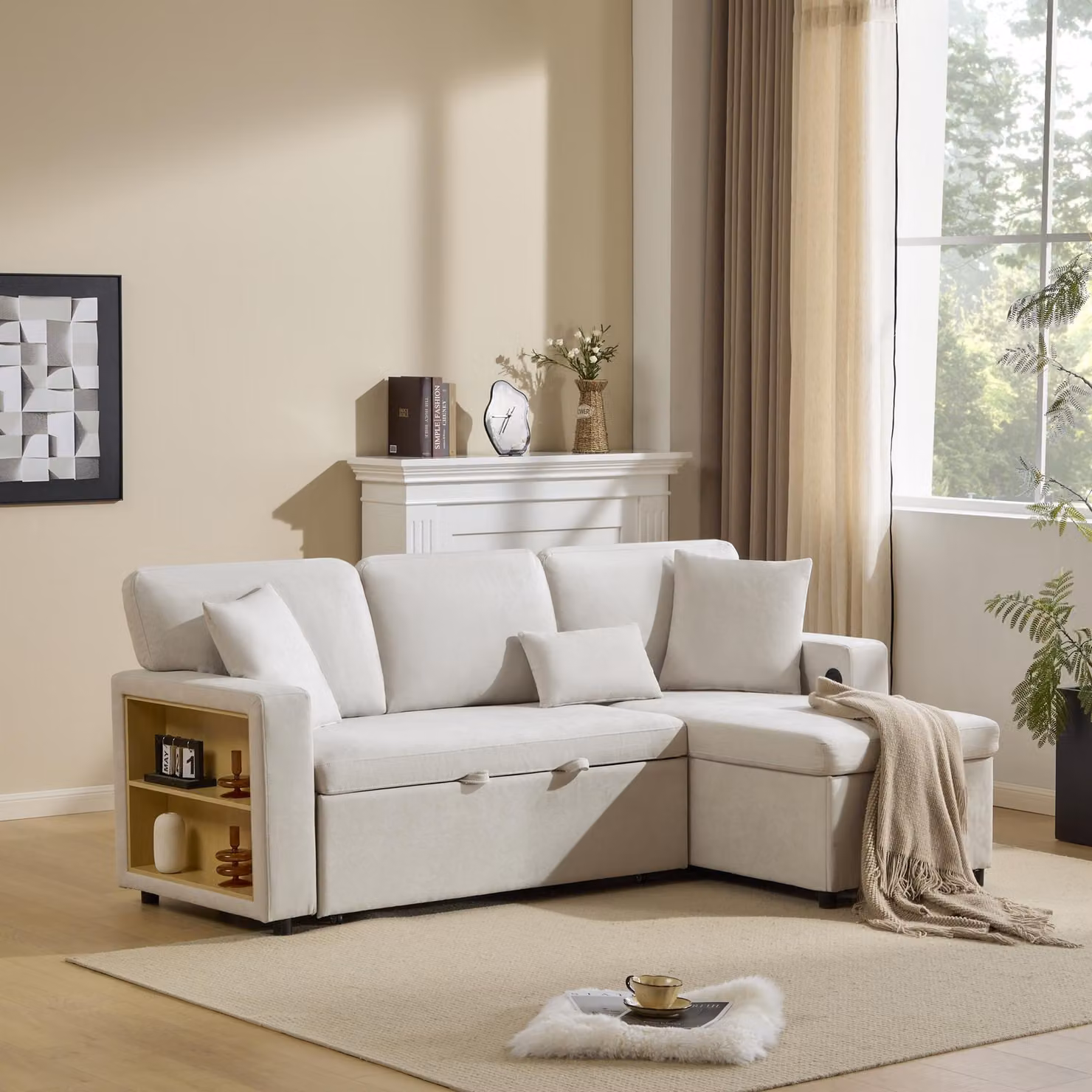 Divano letto Merax con funzione sleep, divano angolare a L con base letto, connessione USB, ripiano, tessuto in velluto, bianco