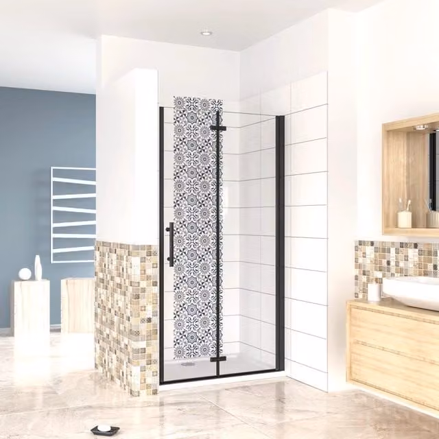 90x190 cm Porta Doccia per Nicchia Apertura Battente Pieghevole in Vetro Temperato Trasparente 5 mm Anticalcare Telaio Nero Opaco