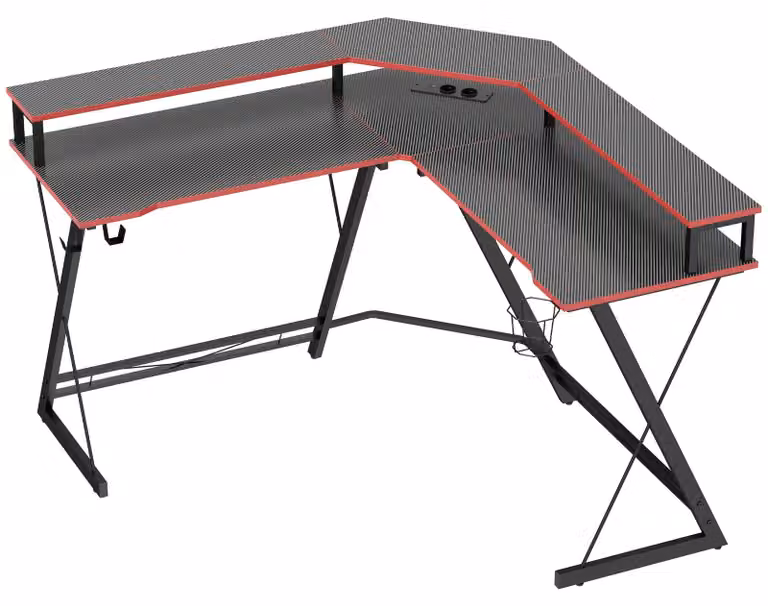 Scrivania angolare a forma di L con prese di corrente | Colore: nero | Dimensioni: 128x128x88 cm