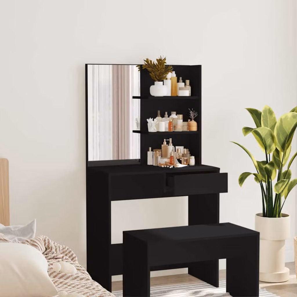 vidaXL Toeletta con Specchio Nero L: 74,5 cm, P: 40 cm, H: 141 cm