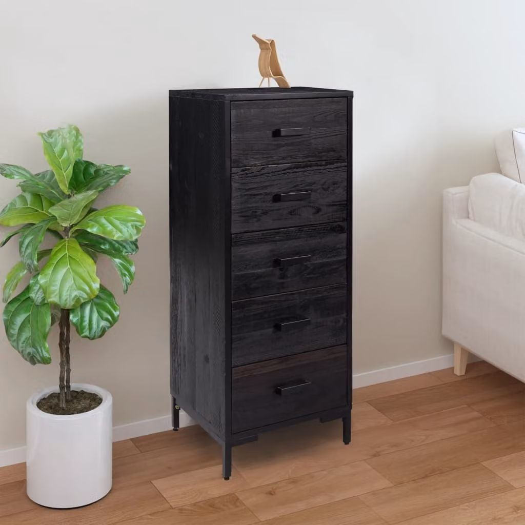The Living Store Cassettiera nera 42x35x110 cm in legno di pino massiccio