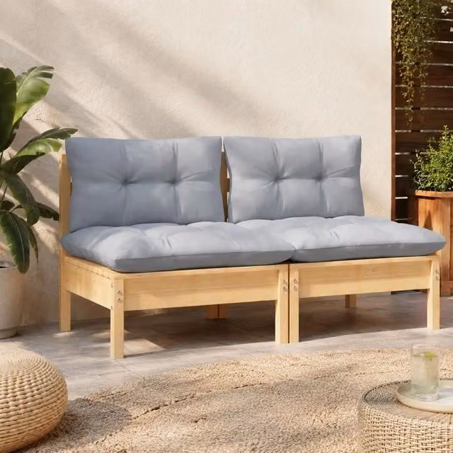 2-seater Garden Sofa With Grey Cushions Solid Pine Wood