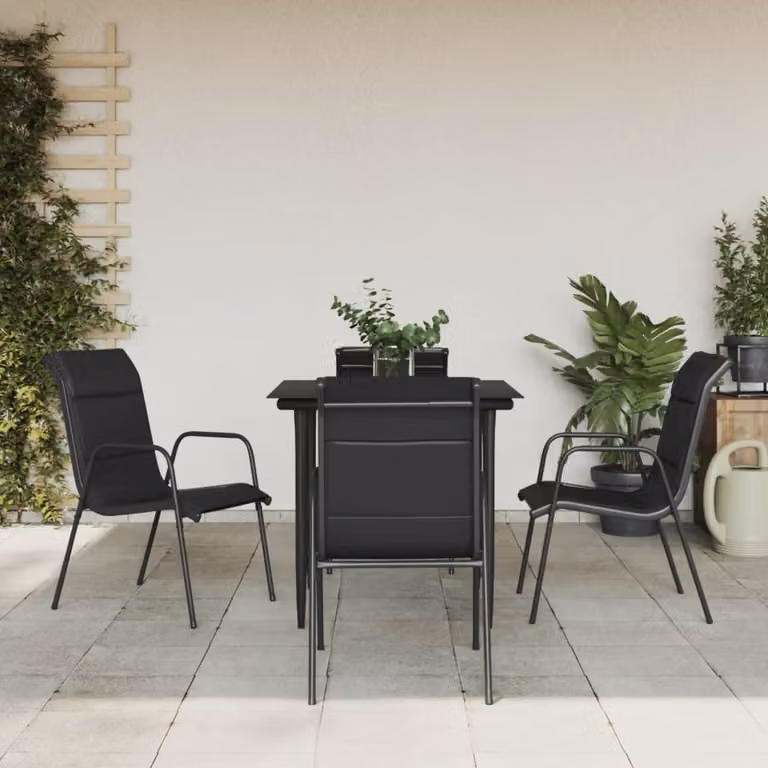 Set da pranzo da giardino vidaXL in 5 pezzi nero antracite con tavolo in vetro e sedie in acciaio e textilene