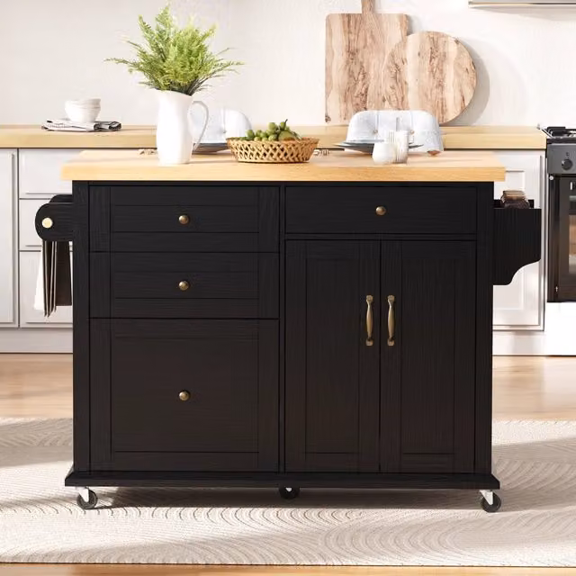 Isola da cucina su ruote con piano estraibile e cassetto 9 scomparti; nero; 107x45-70 cm