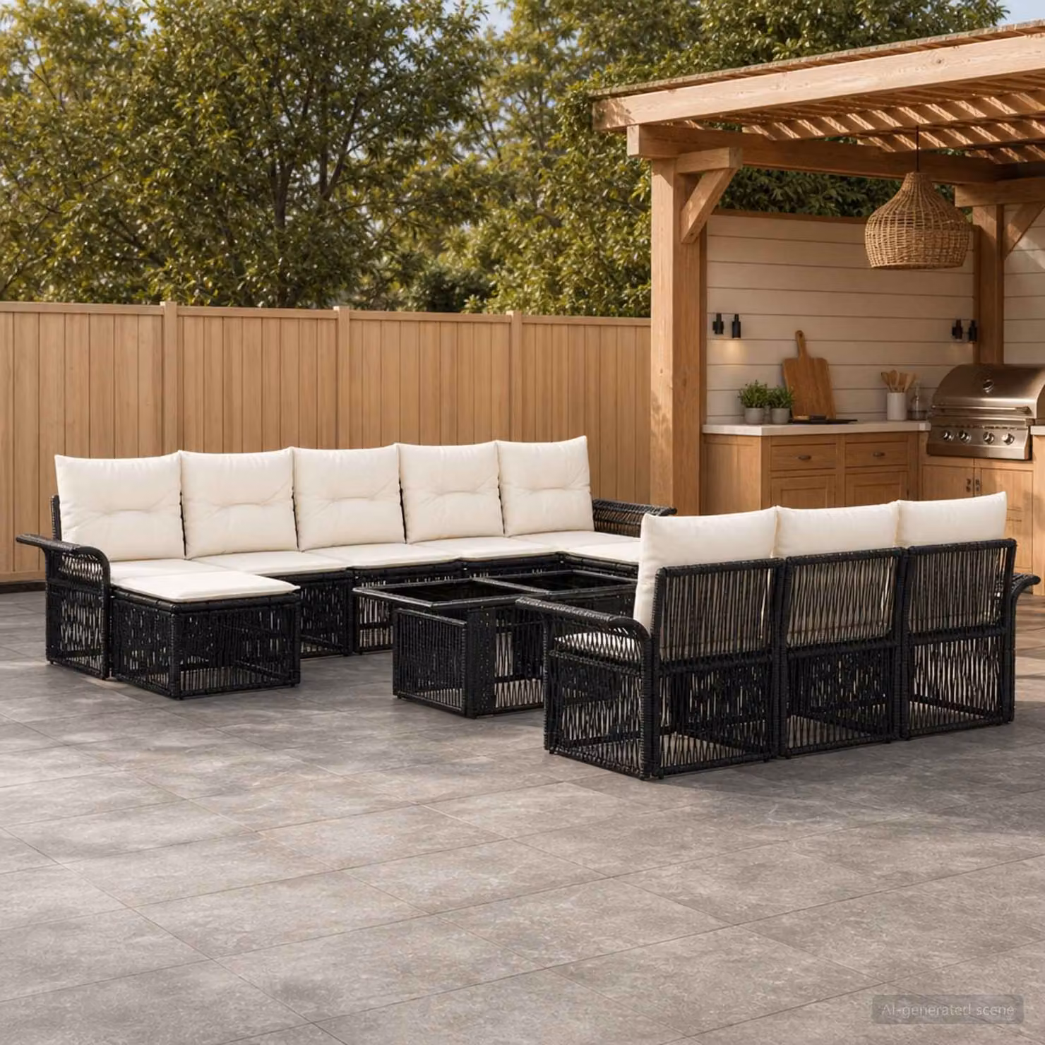 Set Divano da Giardino vidaXL 11 pz in Polyrattan Nero e Bianco Crema con Cuscini e Tavolino