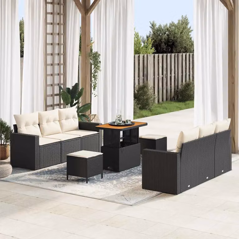 Set Divano da Giardino vidaXL 9 Pezzi con Cuscini Nero e Beige per Terrazza e Giardino