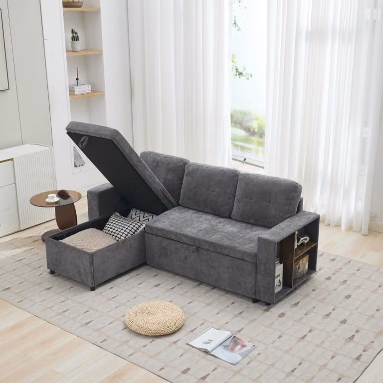 Divano ad angolo Merax con contenitore, divano a L in ciniglia, divano letto a 3 posti con ripiani sui braccioli, chaise longue montabile a sinistra o a destra, grigio