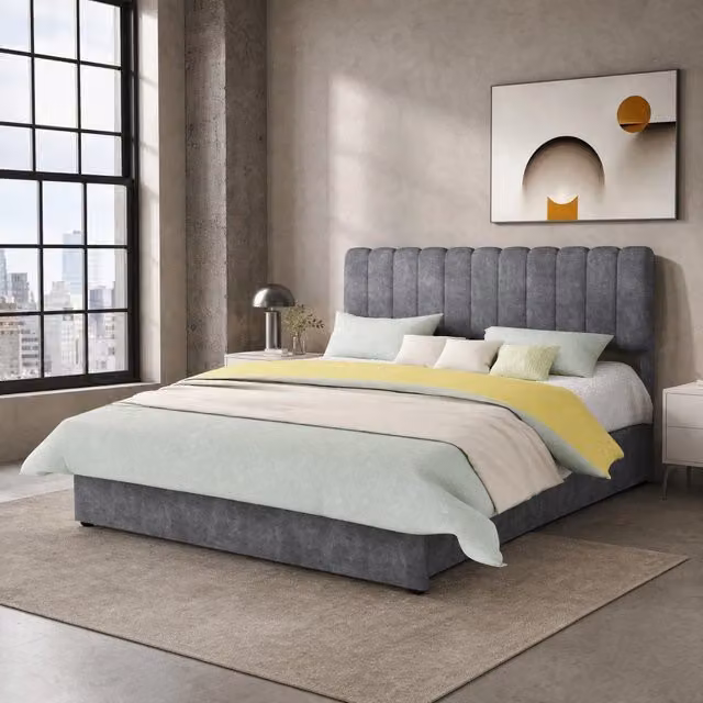 Letto imbottito moderno 160x200 cm con testiera morbida e contenitore alto grigio