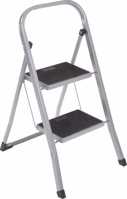 Scala pieghevole a 2 gradini in acciaio con piedi in gomma, portata massima 150 kg, colore argento/nero