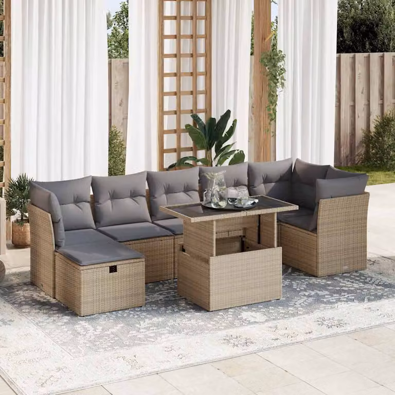 Set Divano da Giardino vidaXL 8 pz in Polyrattan con Cuscini Beige e Tavolino, Design Moderno a L con Ottoman