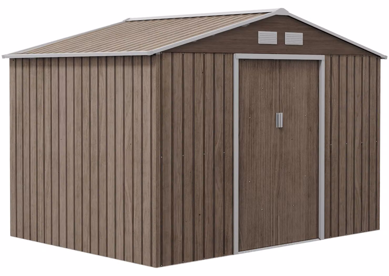 Moonbite, capanno da giardino di 4,9 m² con tetto a falda e 2 porte scorrevoli, in acciaio zincato con base, ampio capanno per tagliaerba, dimensioni 277x195x192 cm, colore marrone