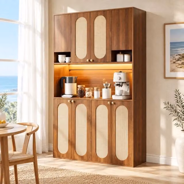 Credenza alta 106x40x178 cm naturale in MDF, 8 ante con LED