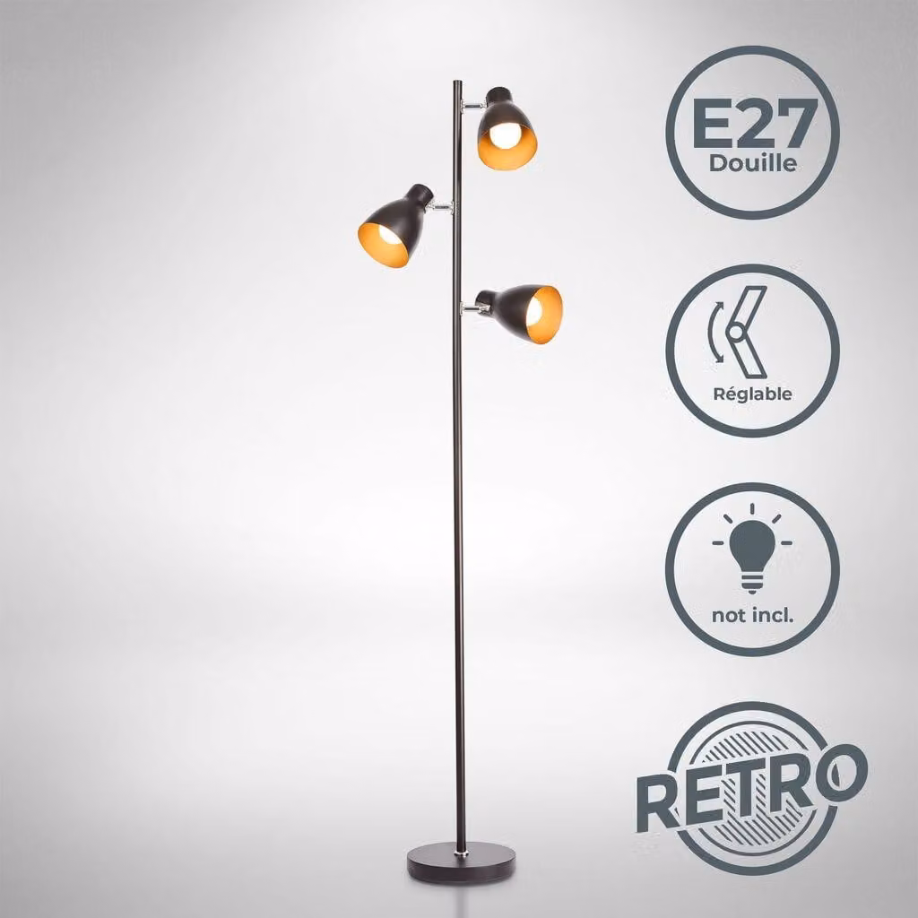 Lampada da terra vintage industriale, piantana elegante retrò, colori nero e oro all'interno, adatta per lampadine E27 non incluse, altezza 166cm, lampada a stelo, interruttore a pedale, IP20