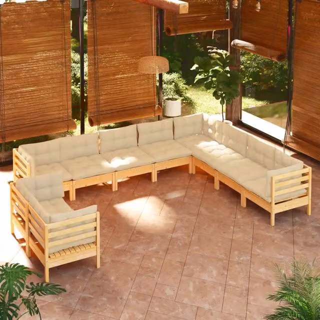 Set di divani da giardino a forma di U vidaXL in legno massello di pino con cuscini beige – 1