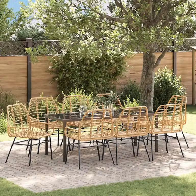 Set da pranzo per giardino e terrazzo vidaXL in polyrattan marrone con tavolo rettangolare in vetro, 9 pezzi