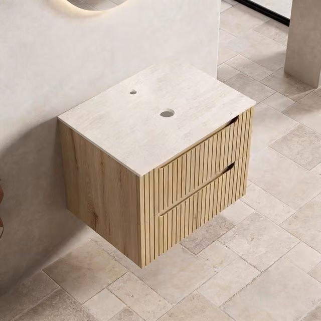 Desviae Mobile sottolavabo in compensato con piano in pietra sinterizzata effetto travertino rovere chiaro 69 × 55 × 61 cm