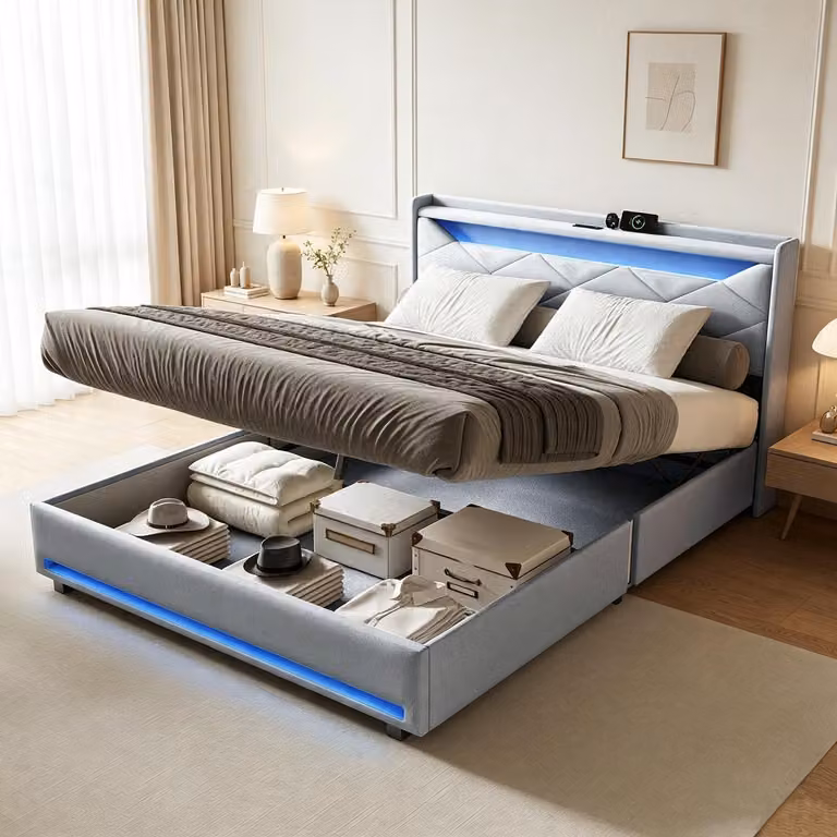 Letto matrimoniale con rete a molle INONEFT, 160x200 cm, con base imbottita idraulica, illuminazione LED e porte USB/C, struttura in legno, ideale per coppie, ragazzi e ragazze, disponibile nel colore grigio.