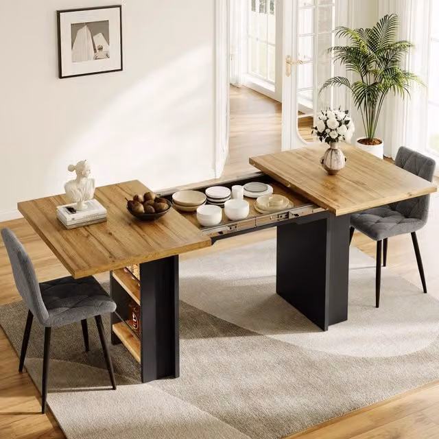 Tavolo da pranzo allungabile 120-160 x 80 cm in MDF effetto legno naturale con ripiani laterali
