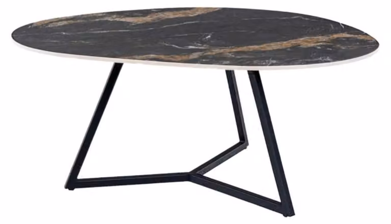 Tavolino basso PETRANO 70 cm in Vetroceramica nera effetto marmo sabbia e metallo nero – Forma organica