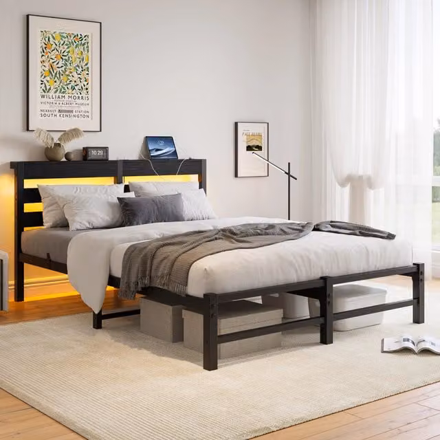 Letto matrimoniale 140x190 cm in metallo e legno nero con LED RGB; USB e vano sottostante