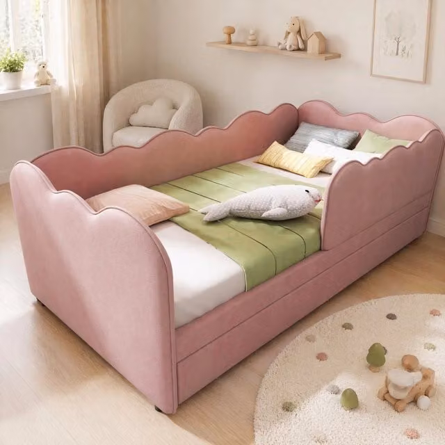 Letto Mivray con letto estraibile e struttura a L, schienale imbottito in velluto rosa e rete a doghe, L/P: 90 x 190 cm