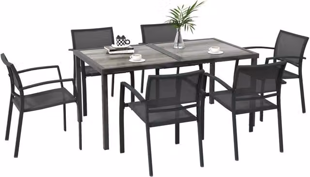 Set da Giardino con 6 Sedie Impilabili in Tessuto a Rete e Tavolo Effetto Legno, Grigio