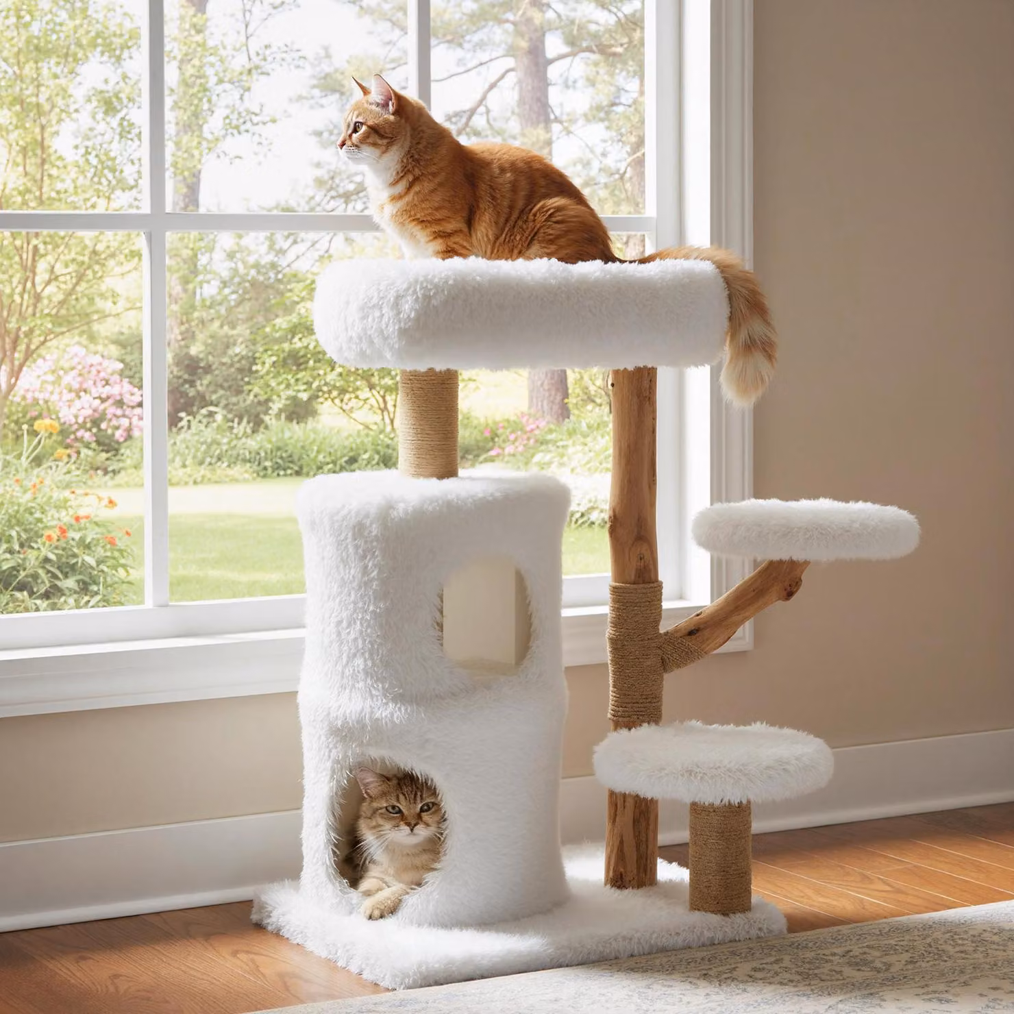 COSTWAY Tiragraffi in legno, altezza 93 cm, tiragraffi con morbide piattaforme in peluche, cuccia a 2 piani, colonne in juta, corda in sisal, bianco