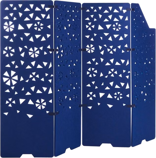Divisore per stanze BELIANI a 4 pannelli in tessuto blu, schermo per la privacy e riduzione del rumore per ufficio e casa con design geometrico moderno – 1