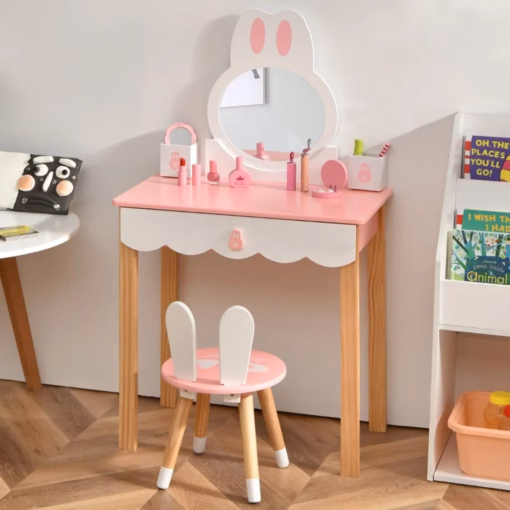 Set tavolo toeletta per bambini con specchio, sedia e cassetti, design moderno in rosa, L: 60 cm, P: 34 cm, H: 103 cm – 2