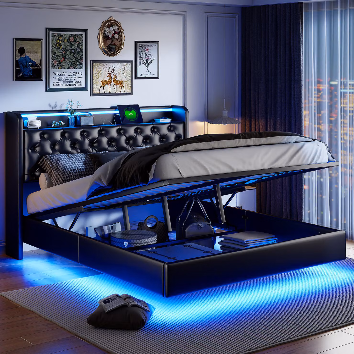 Letto matrimoniale imbottito idraulico Fortuna Lai 140x200 cm con contenitore, illuminazione LED, stazione di ricarica USB e testata - Letto funzionale senza materasso