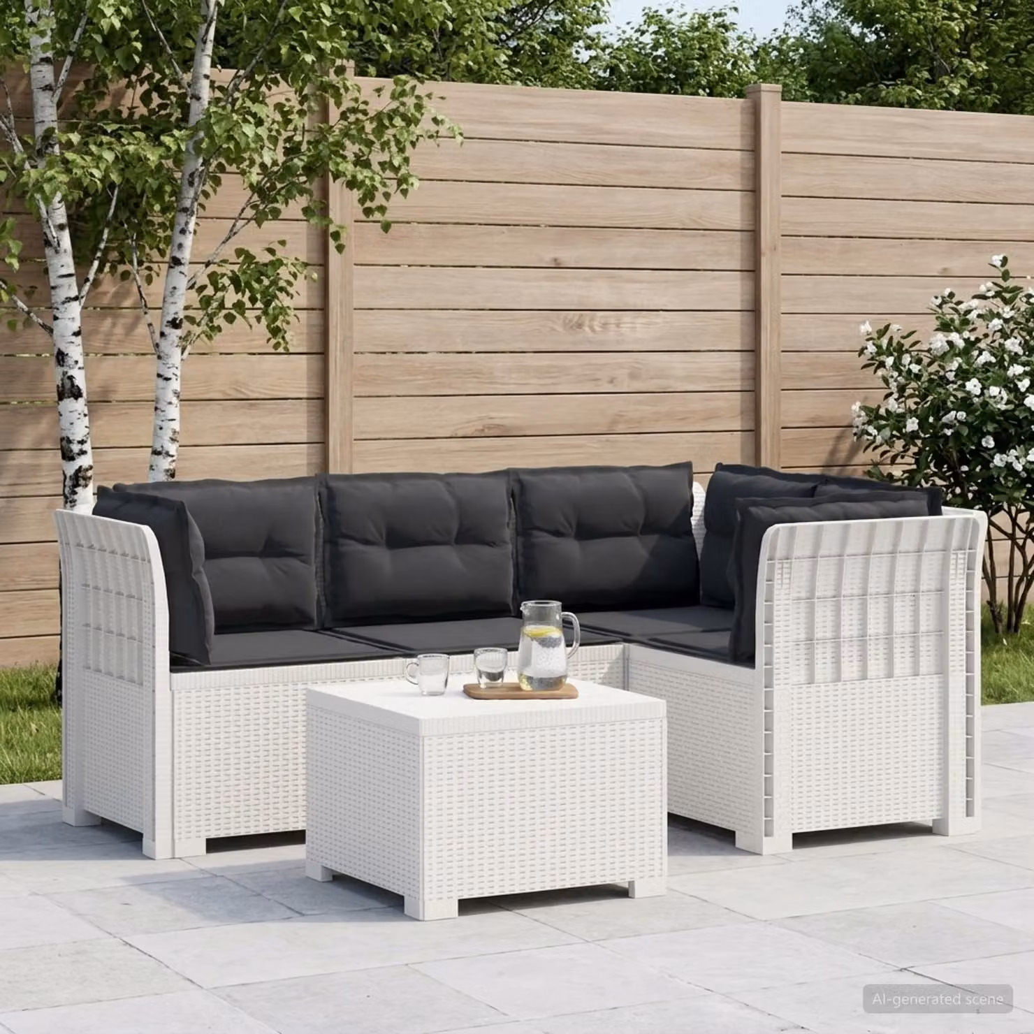 Set da giardino vidaXL moderno con divano angolare a L, poltrona e tavolino in polyrattan, colore bianco e antracite, con cuscini inclusi e rivestimenti rimovibili