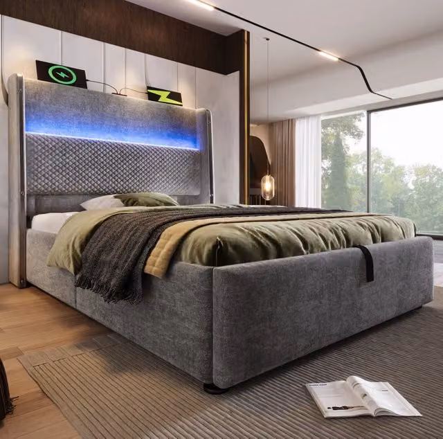 Letto 90x200 cm con contenitore idraulico, LED e USB, rivestimento in lino grigio