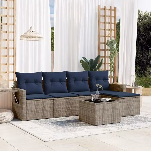 Set da giardino moderno vidaXL composto da 6 pezzi con cuscini grigi e blu in rattan e struttura in metallo con tavolo da caffè e pouf