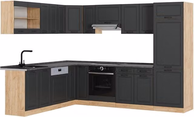 Cucina angolare completa Vicco R-Line Antracite e Rovere dorato con ante in vetro e illuminazione integrata L/P/H: 287 x 227 x 60 cm – 1