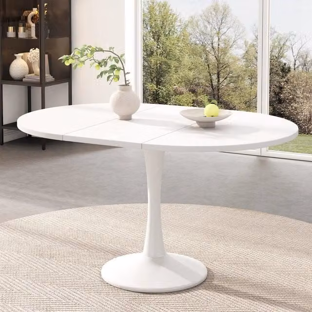 Tavolo da pranzo allungabile ovale con piano estensibile, moderno, in MDF e ferro, bianco, 100/140 × 100 × 75 cm