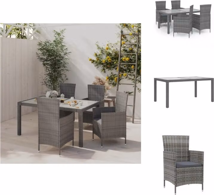 vidaXL Set da pranzo da giardino 5 pezzi con cuscini in poly rattan grigio - Set di mobili da giardino