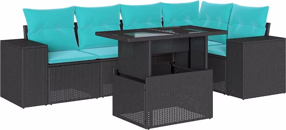 set di 6 divani da giardino con cuscini, in polyrattan nero